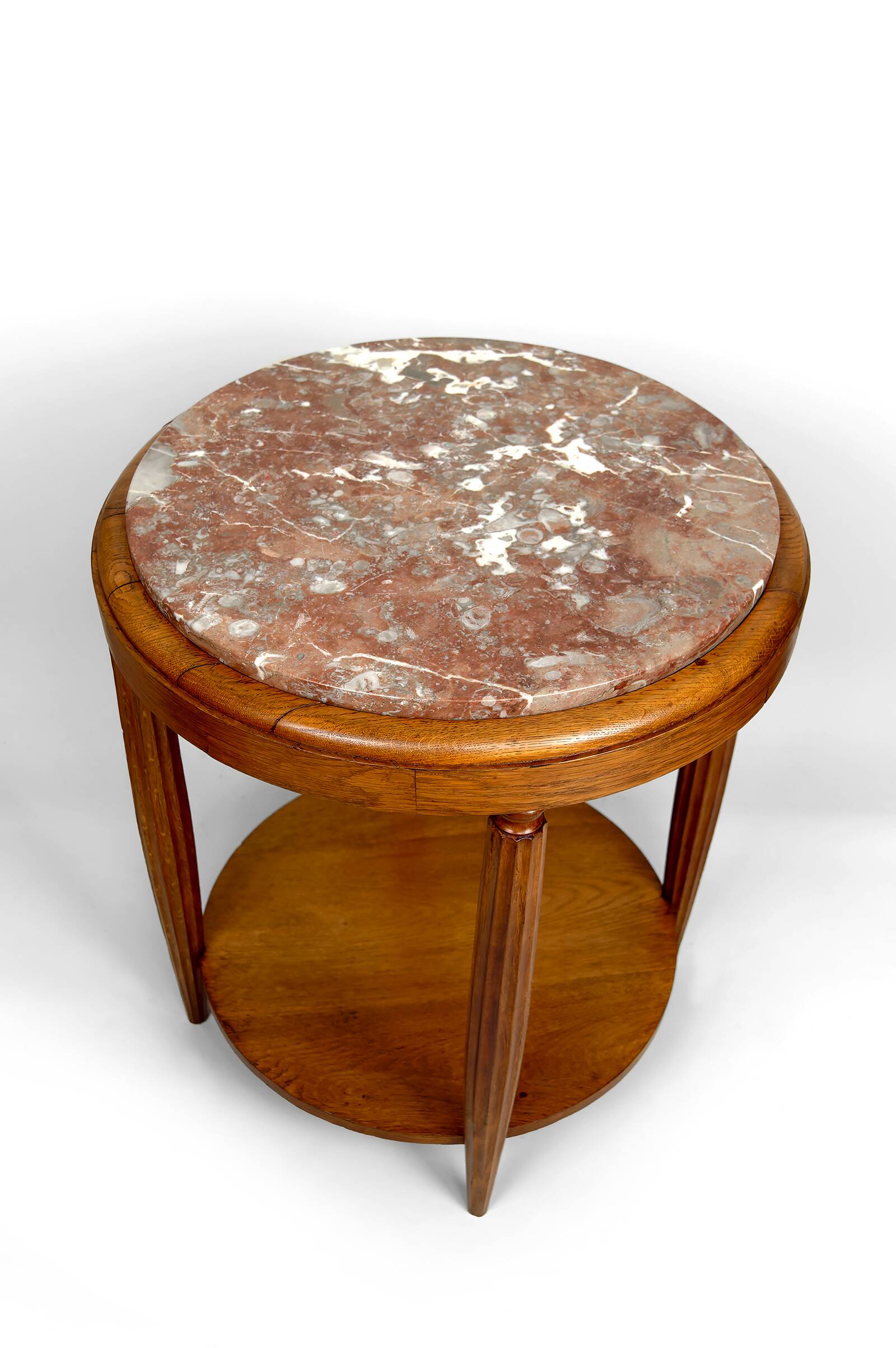 Pedestal Table, Side Table in Solid Oak & Griotte Marble Top
