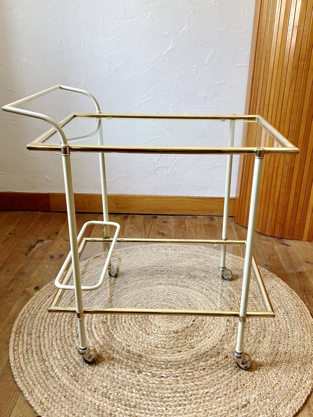 Dessert table with a cream-coloured metal structure and golden brass, 1960s.