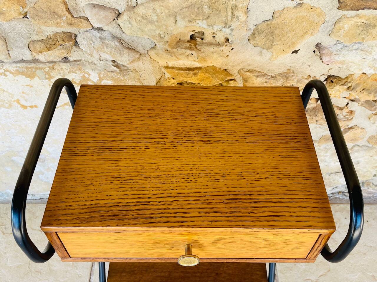 Vintage oak bedside table with black metal legs circa 50s/60s