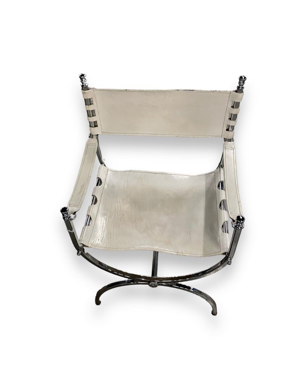 Maison Jansen Set of 4 armchairs Emperor Savonarola White leather and chromed metal