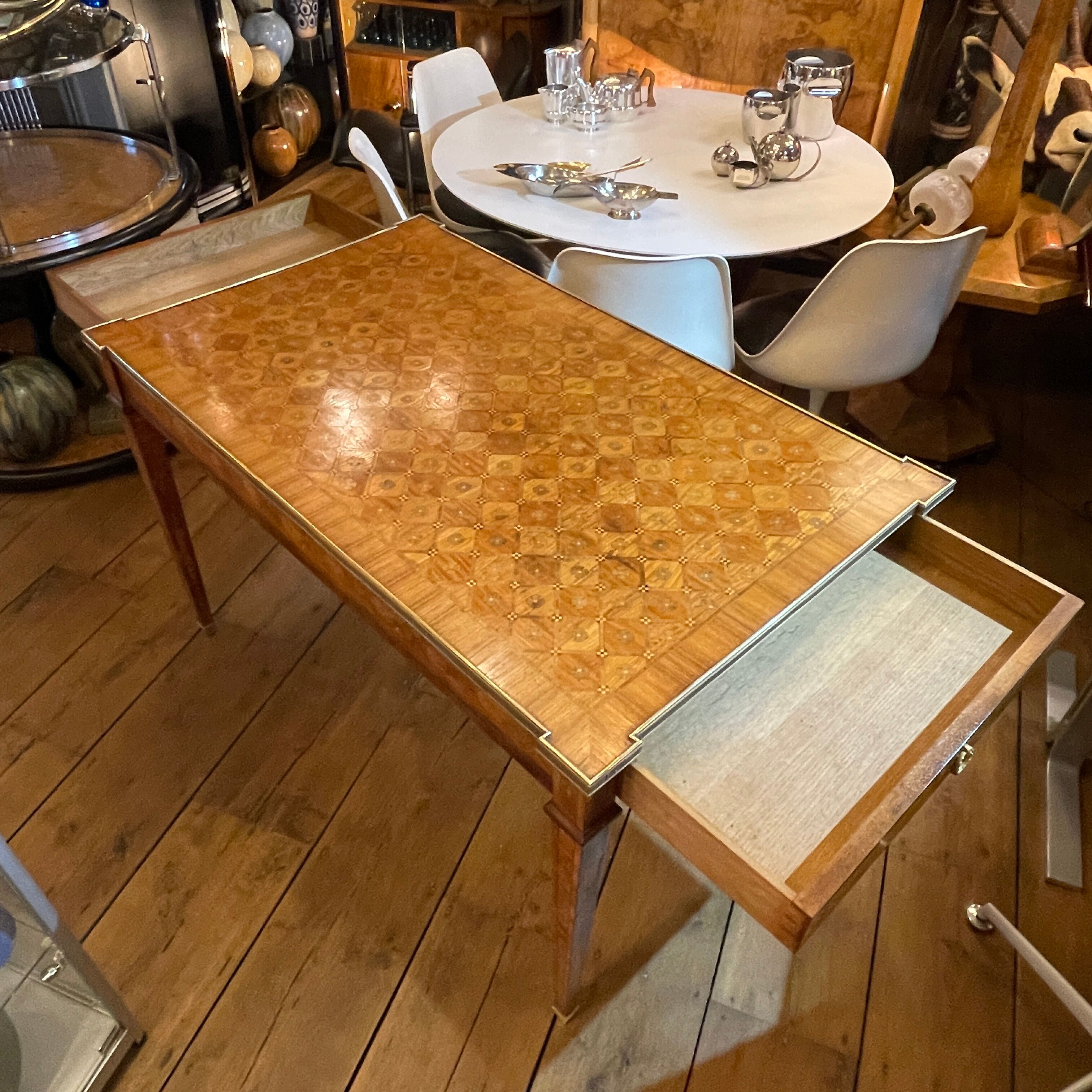 Louis XVI Directoire desk table richly inlaid, brass belt and 2 drawers, 19th century