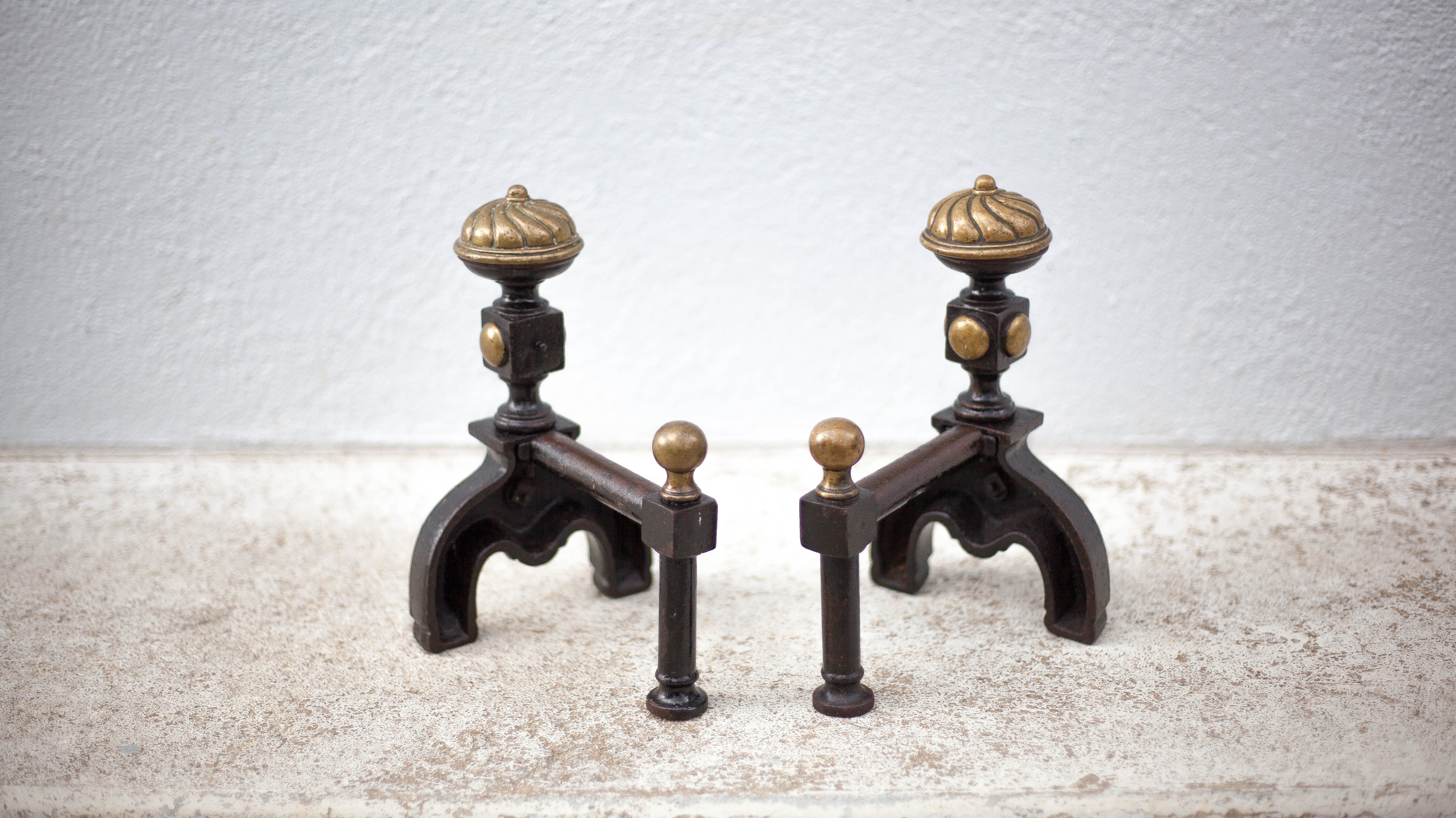 Vintage fireplace pegs, empire style cast iron and brass pegs, fireplace accessories