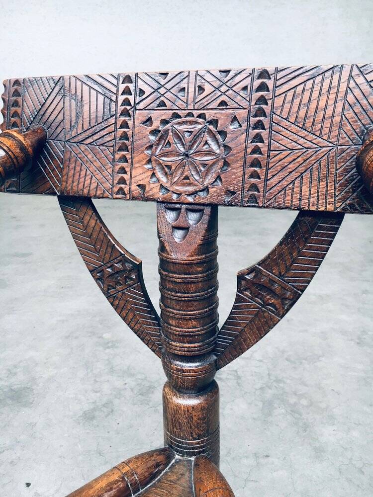 Brutalist Carved Oak Tripod Monk Chair, Sweden, 1930s