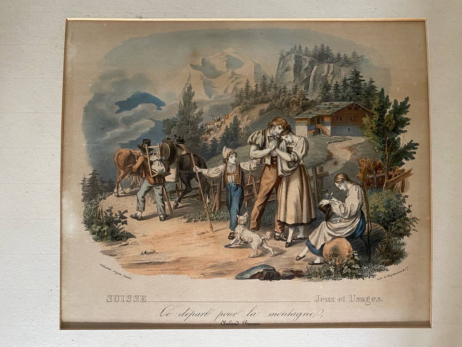 Grande gravure ancienne suisse « le départ pour la montagne »