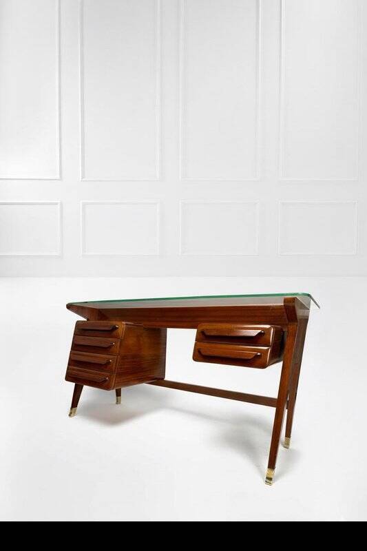Wood and Brass Desk attributed to Vittorio Dassi, Italy, 1950s
