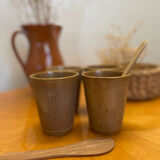 Ensemble de 4 tasses verres gobelets en grès Digoin et cuillères en bois