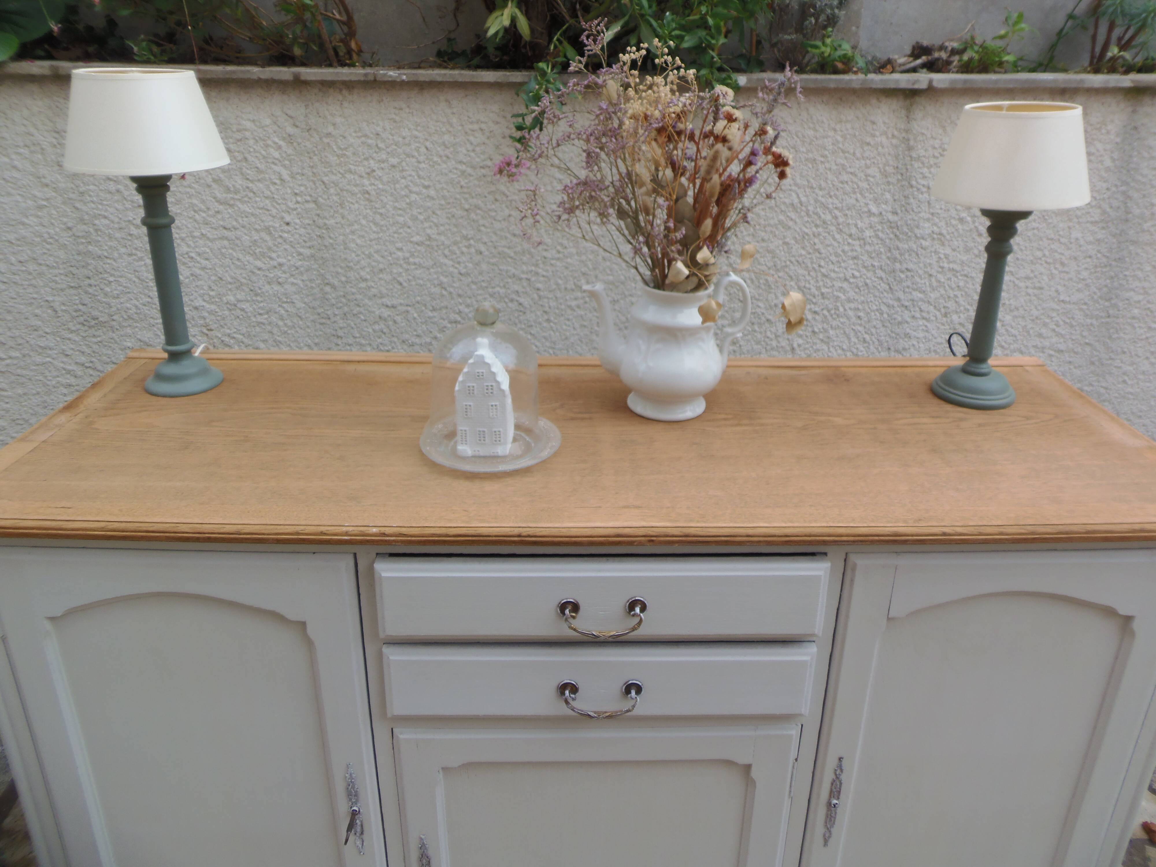Vintage sideboard in pearl grey patinated oak, wooden top.