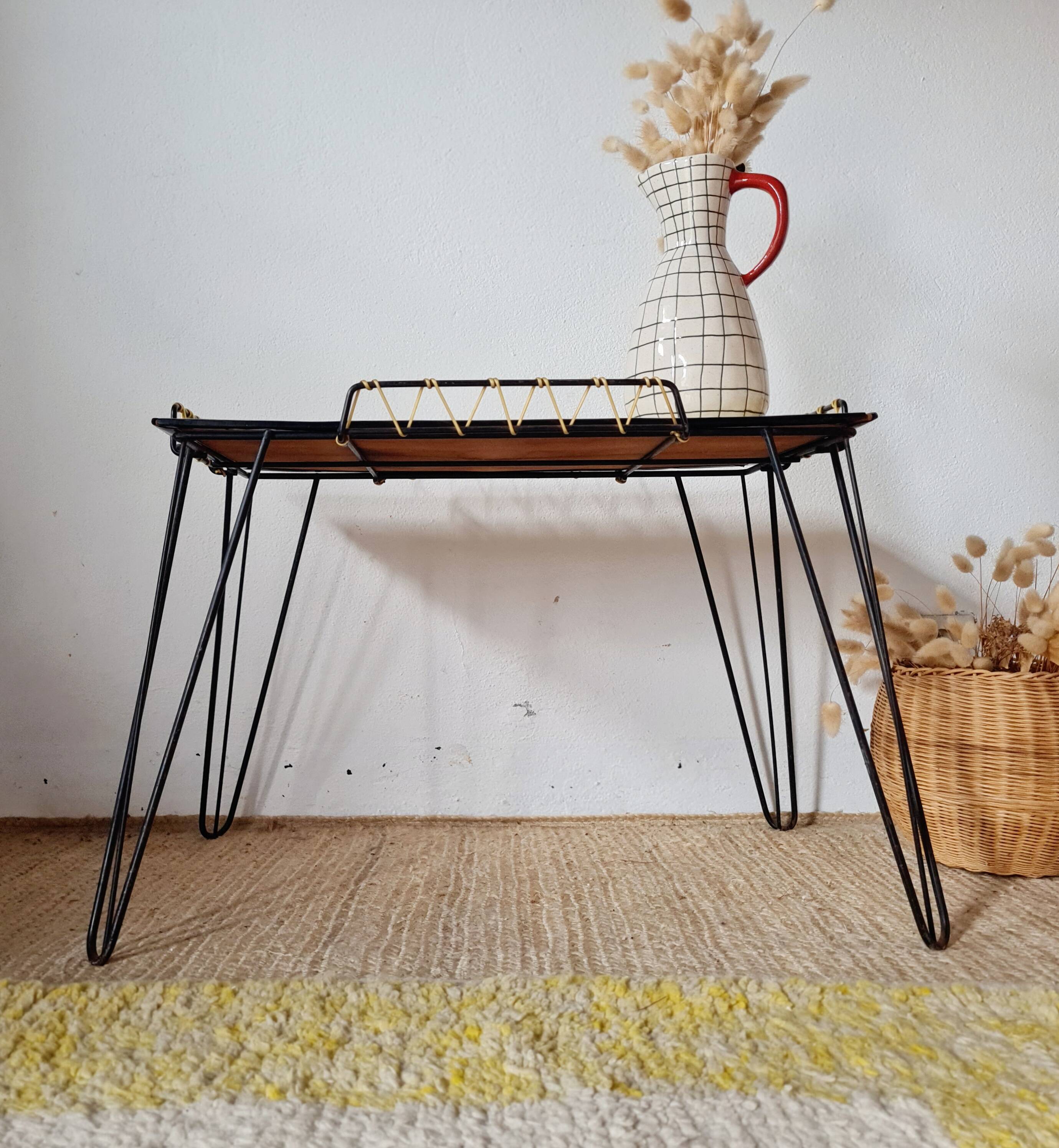 Black metal side table with scoubidou, 1950s