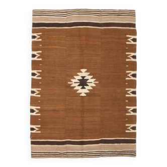 4x5 Camel Brown & Beige Vintage Kilim Rug, 118x161Cm