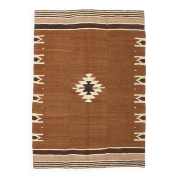 Tapis Kilim vintage camel marron et beige 4x5, 118x161 cm