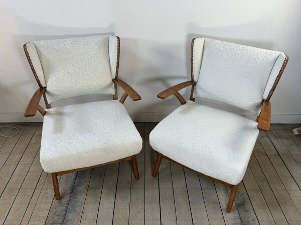 Fauteuils (la paire) bois et tissus bouclés 1950'S