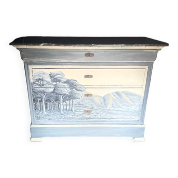 Commode Louis Philippe datant du 19e siècle avec marbre, peinture et patine