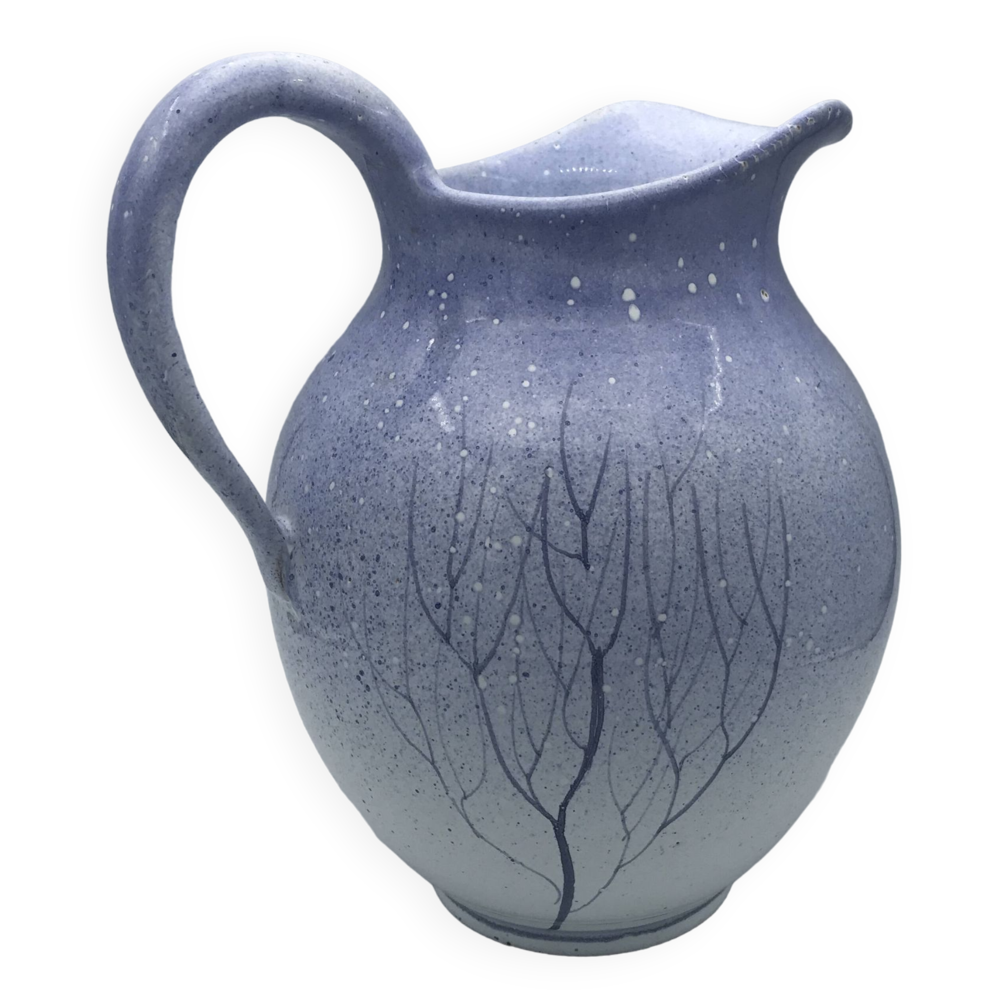 Blue glazed terracotta pitcher with hand-painted decoration, signed