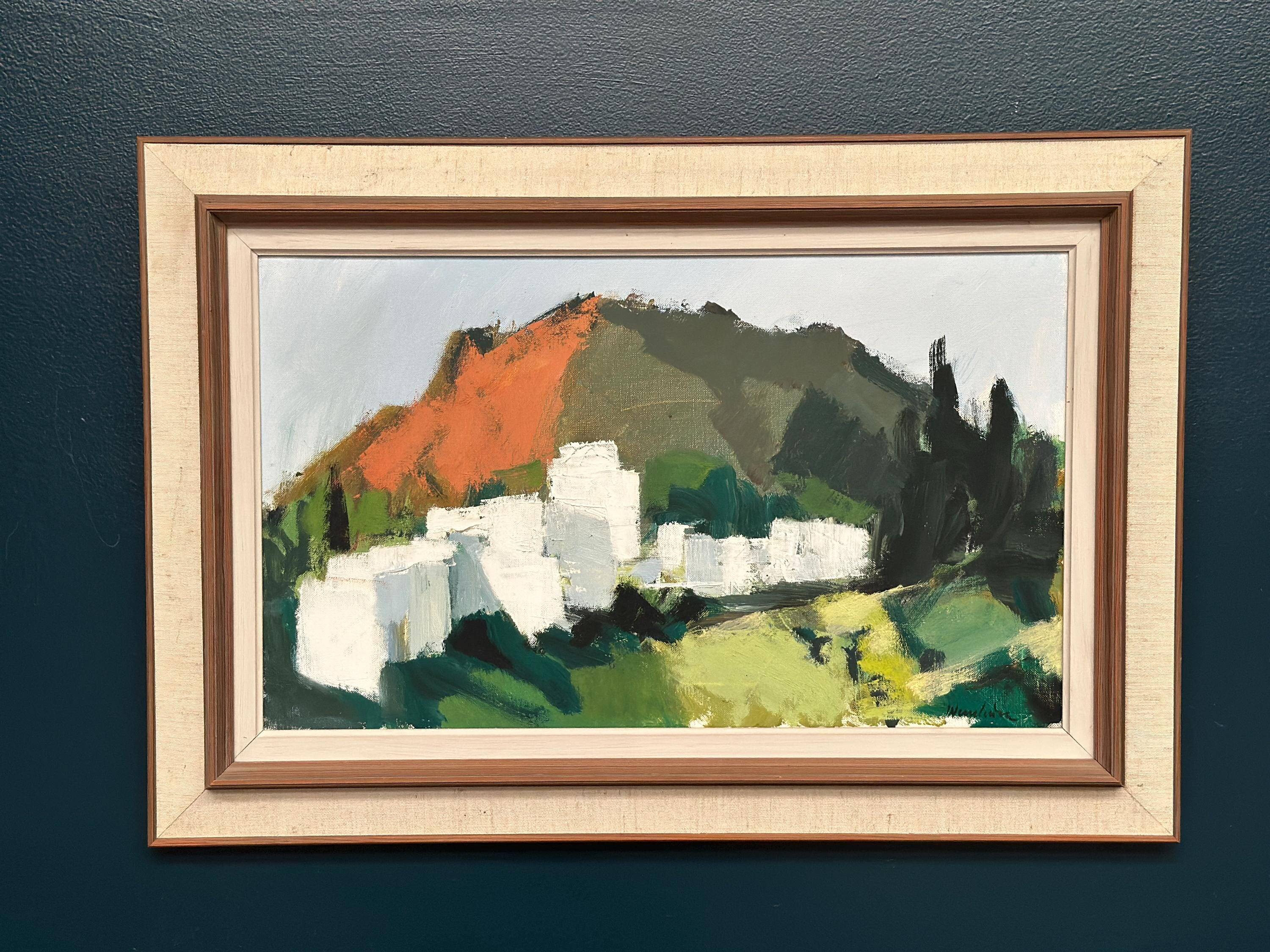 Huile sur toile originale suédoise – « Village de montagne » par Stig Wernheden – Vintage et encadrée – 48 × 70 cm (18,9" × 27,6")