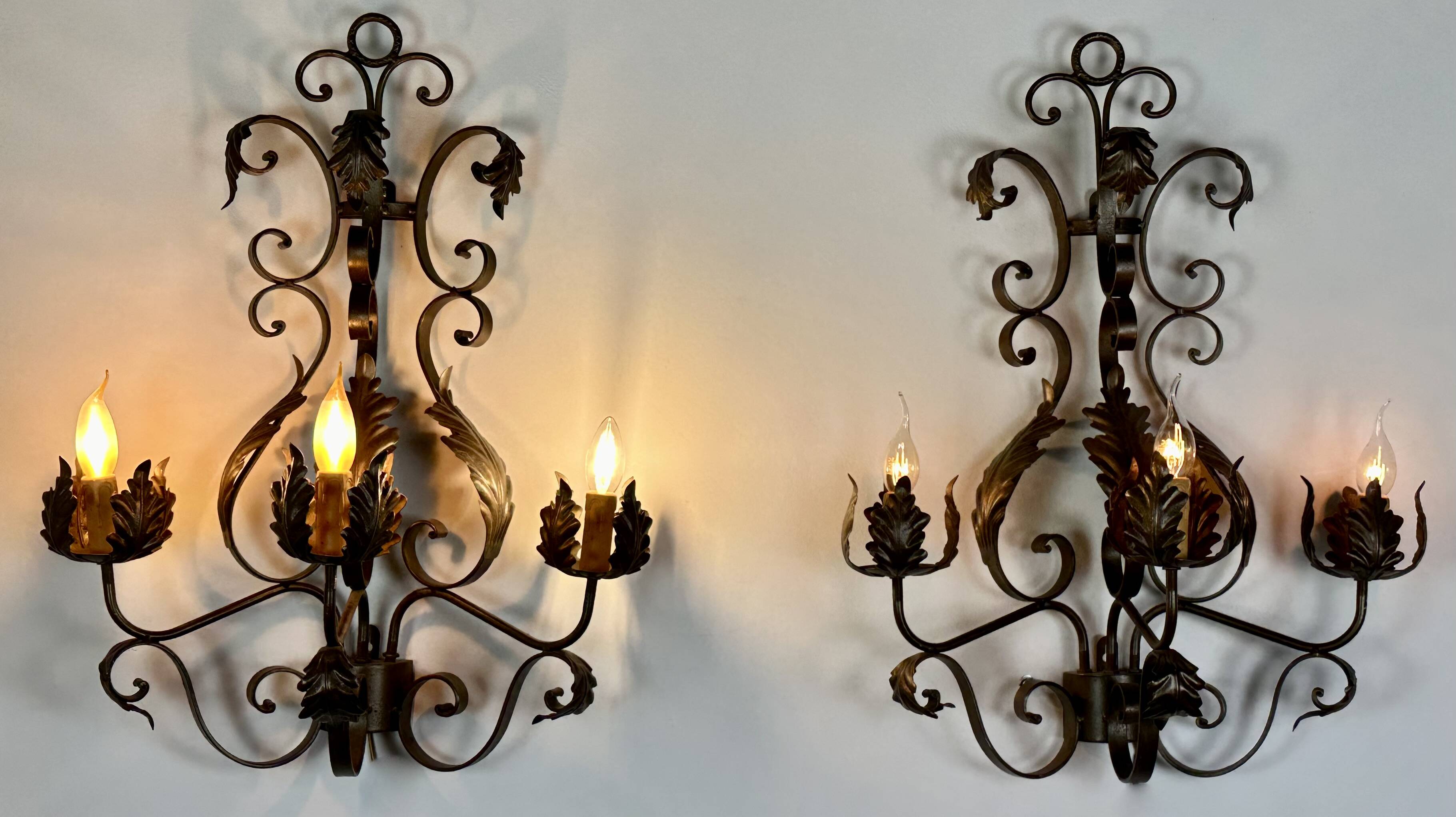 Wrought iron wall lights (pair) with foliage decoration