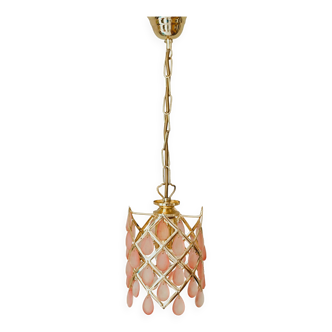 70s gold metal and pink tassel pendant light