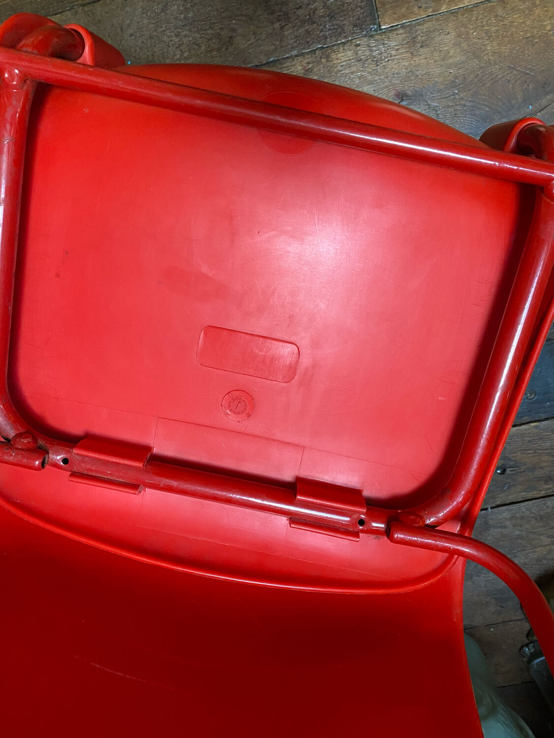Duo of vintage Grofilex kindergarten children's chairs in red plastic