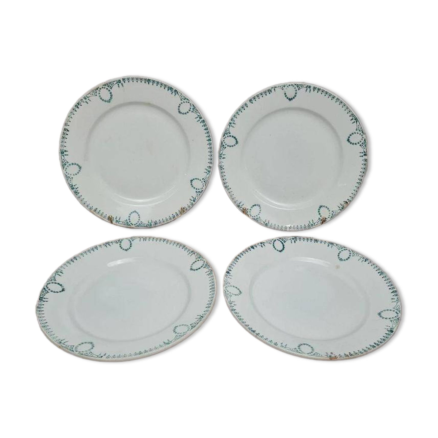 Set of 4 antique plates, Terre de fer Saint-Amand, green decoration.