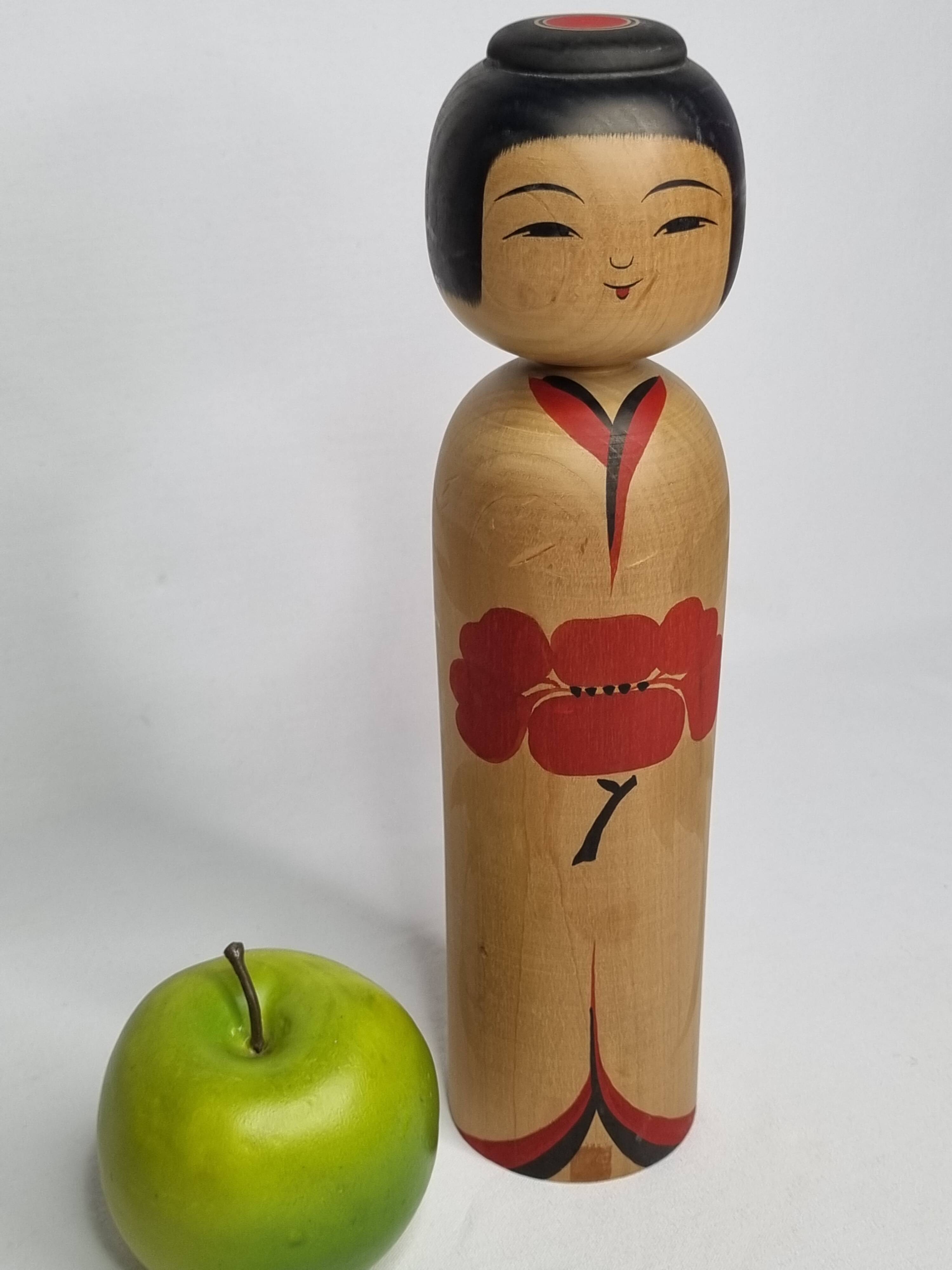 Signed Japanese Kokeshi Doll, Modern Style, Hand Painted Minimalist Decor, 30cm