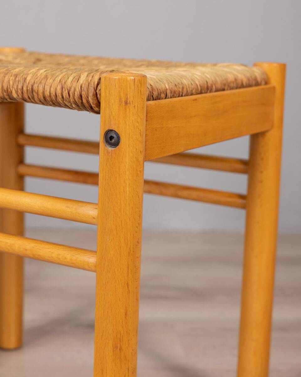Pair of vintage 70s stools in wood and rope design hibiscus