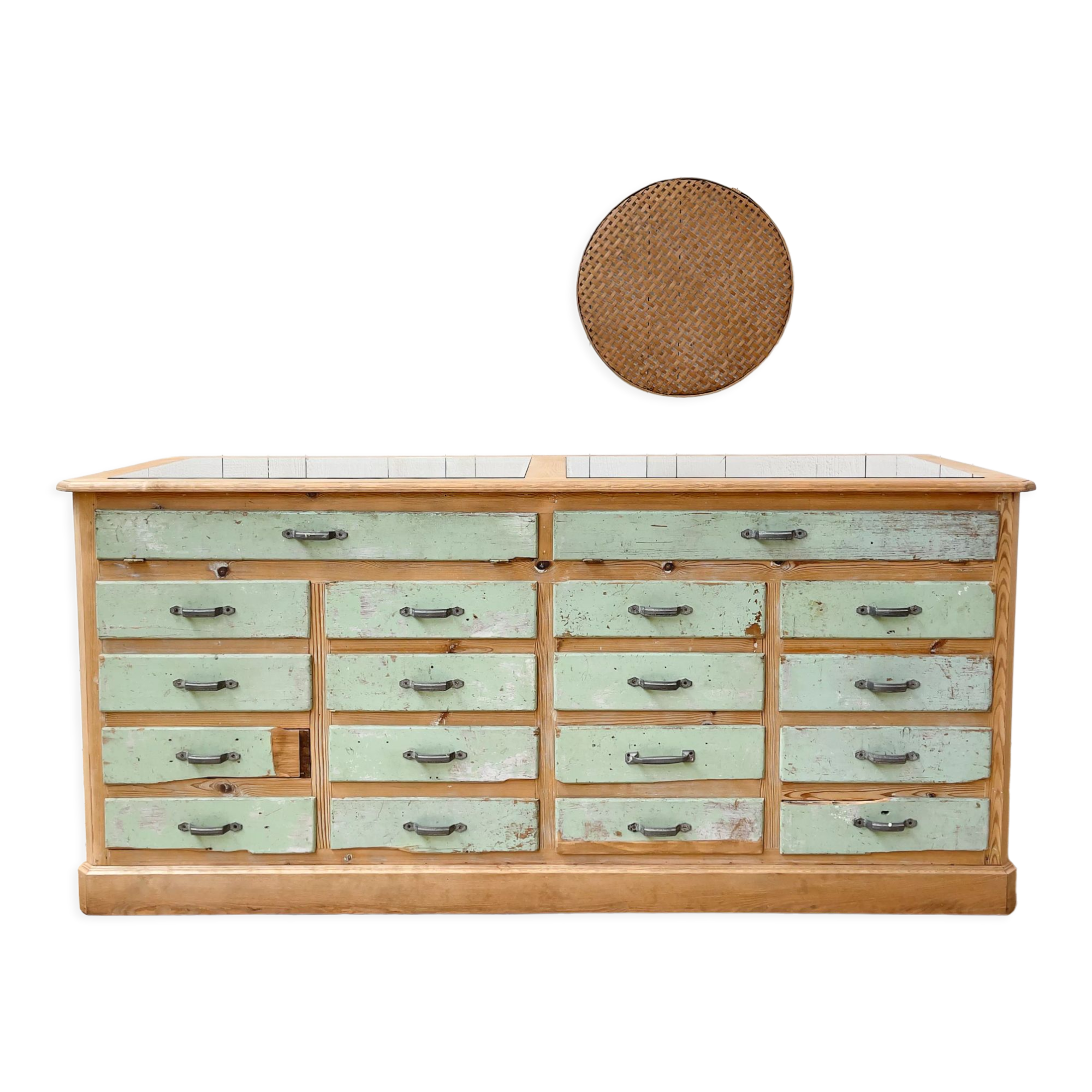 Old wooden display case with drawers, 1950