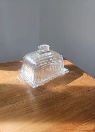 Vintage striped pressed glass butter dish