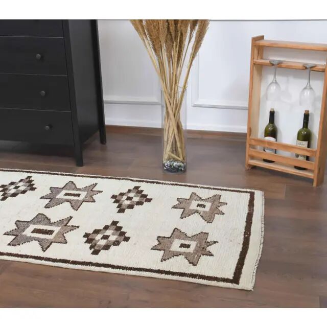 1970s Vintage Turkish Hand-Knotted Wool Cotton White Runner Rug 90X310