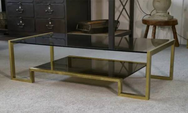 Designer coffee table with brass structure and black smoked glass, 1970s