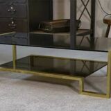 Designer coffee table with brass structure and black smoked glass, 1970s