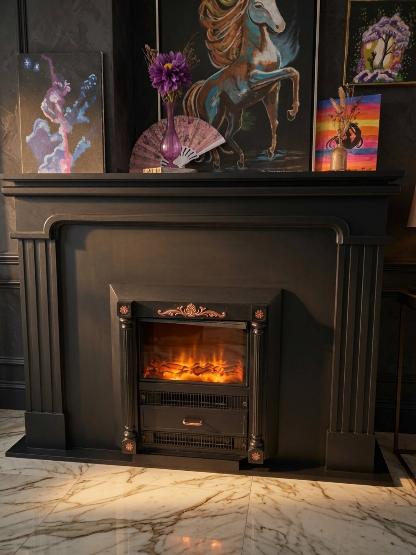 Luxury electric fireplace and classic black mantel suite
