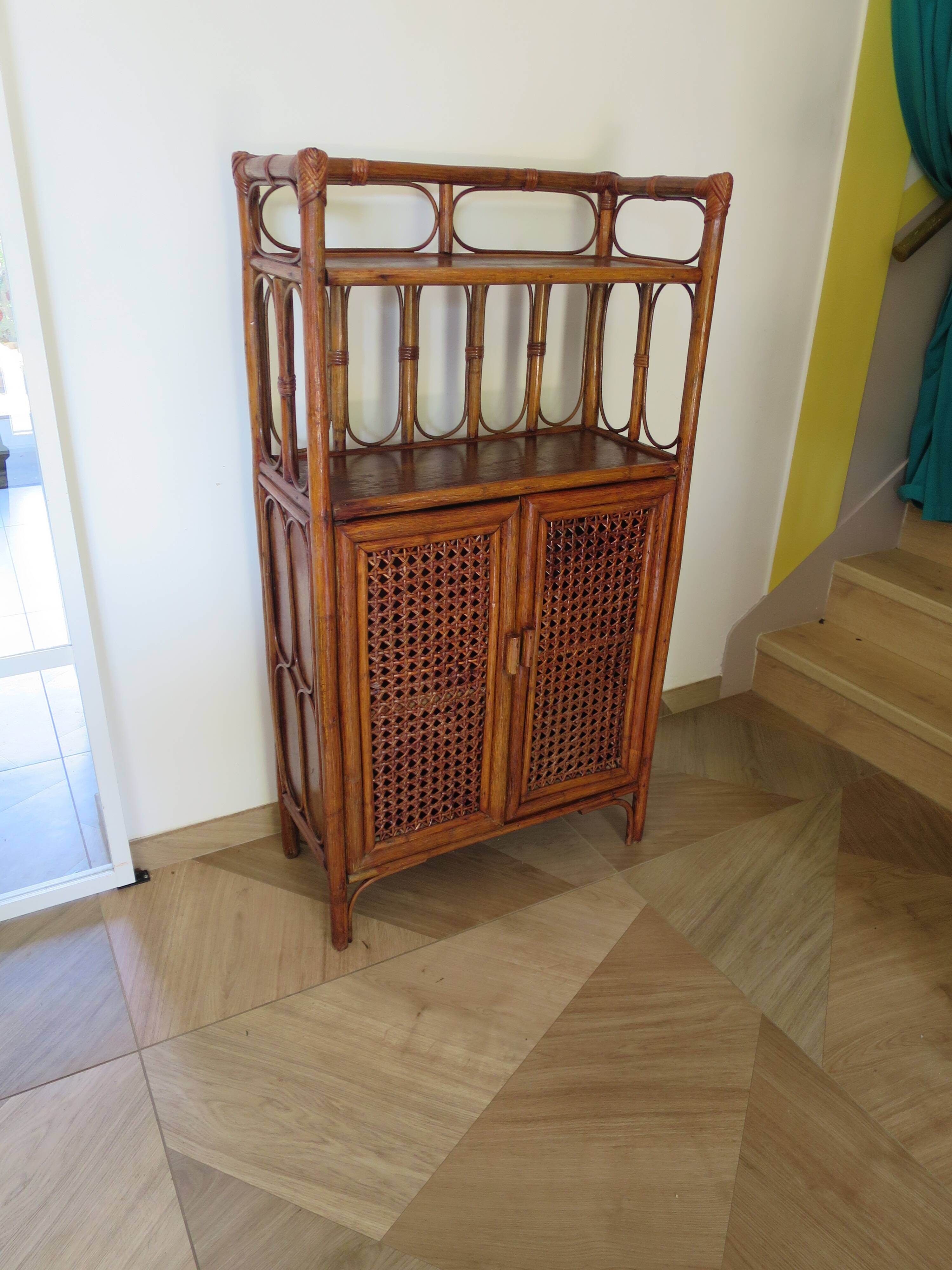 Retro-modernist - Sideboard-bookcase-2 doors-wood-rattan-cane-1960s