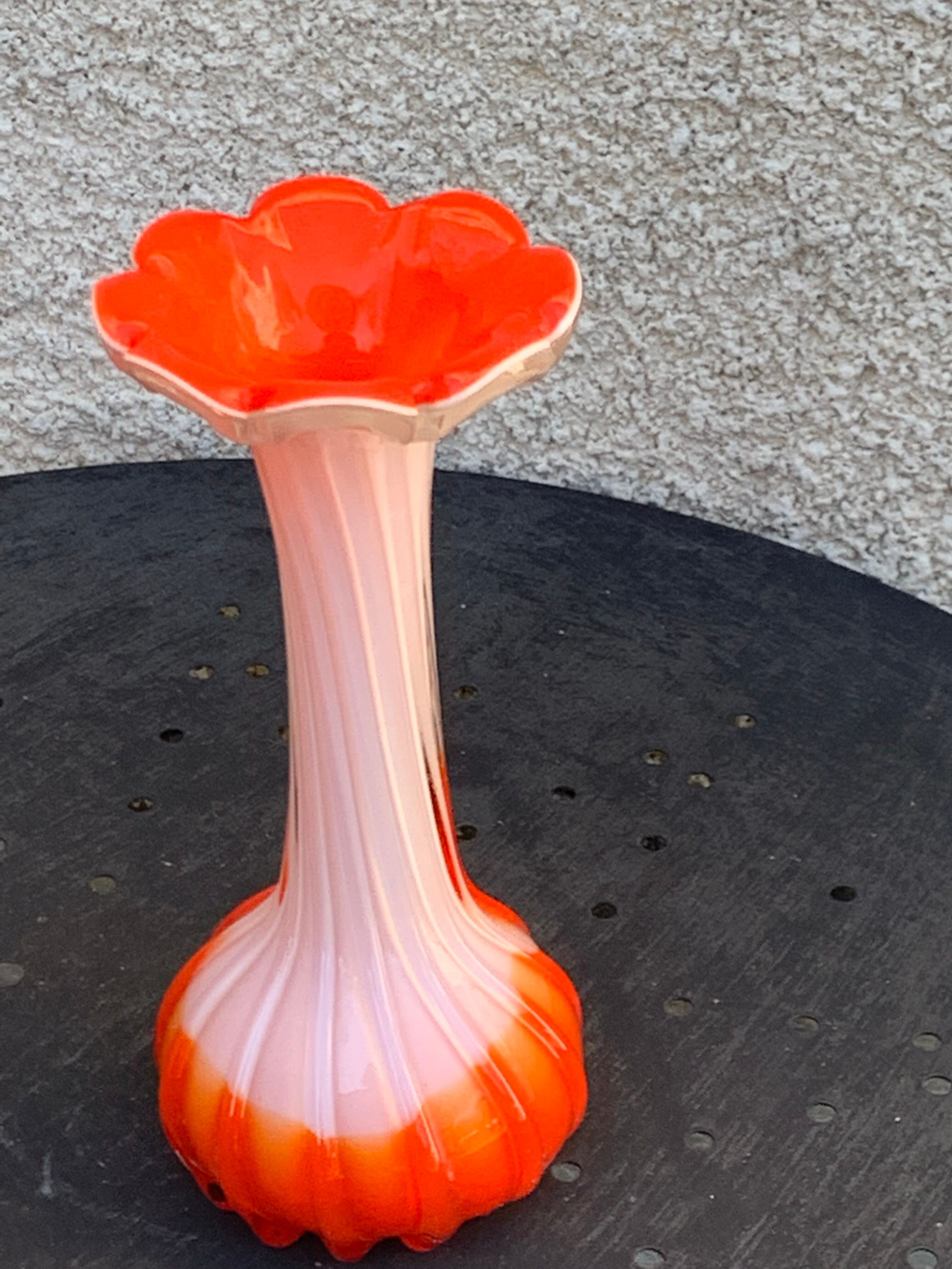 Orange and white opaline vase in the shape of a vintage flower corolla