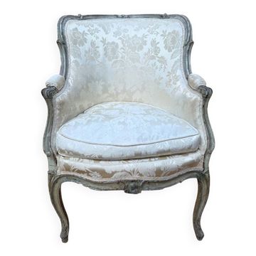 Wingback armchair – Louis XVI period – Grey lacquered wood with highlights – Damask silk
