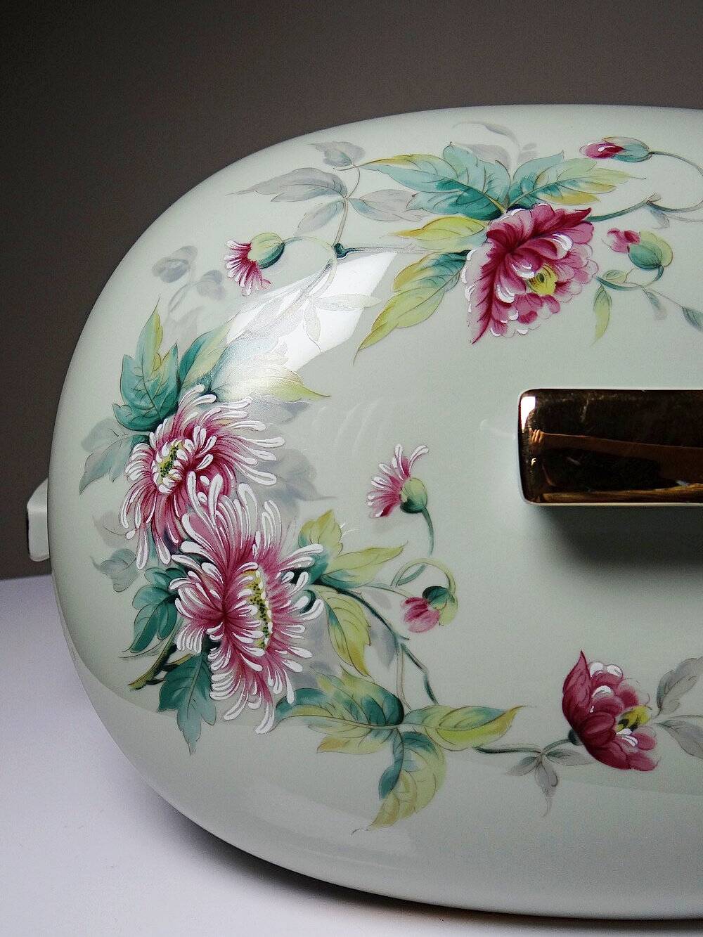 Art Deco style soup tureen with floral decoration, vintage celadon porcelain from Limoges, France.