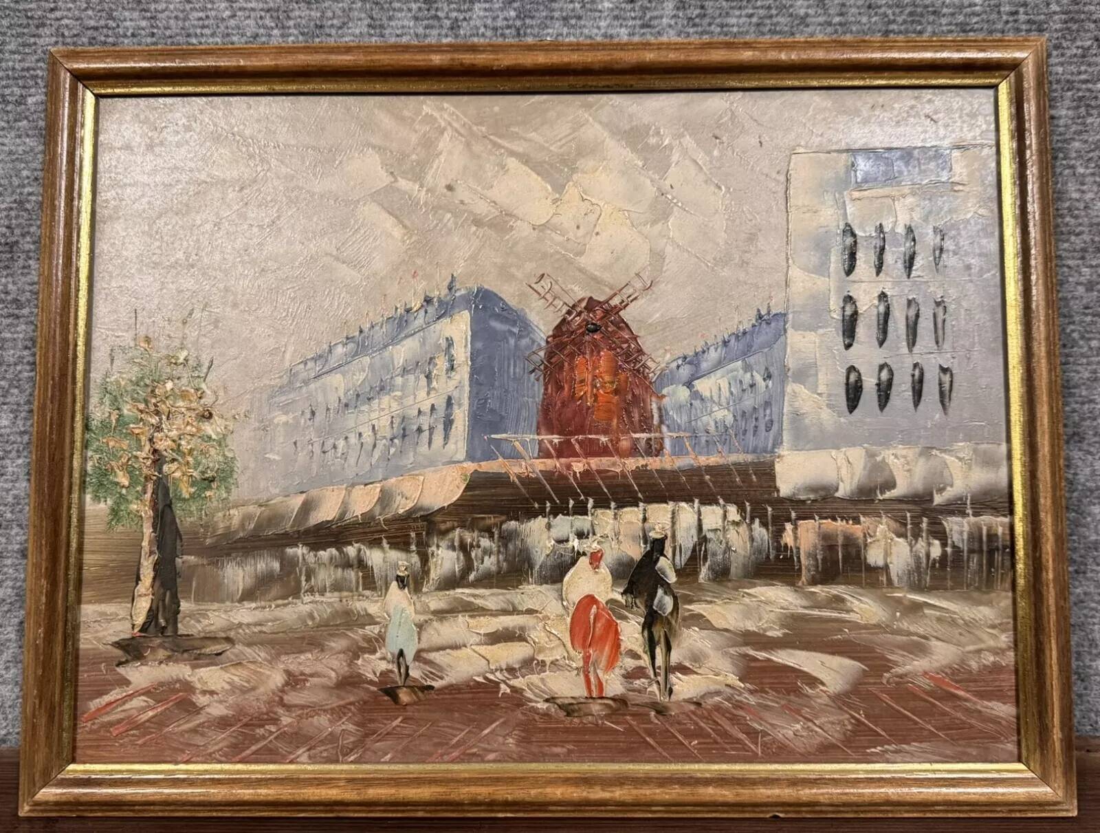 Oil painting on panel representing the Moulin Rouge in PARIS