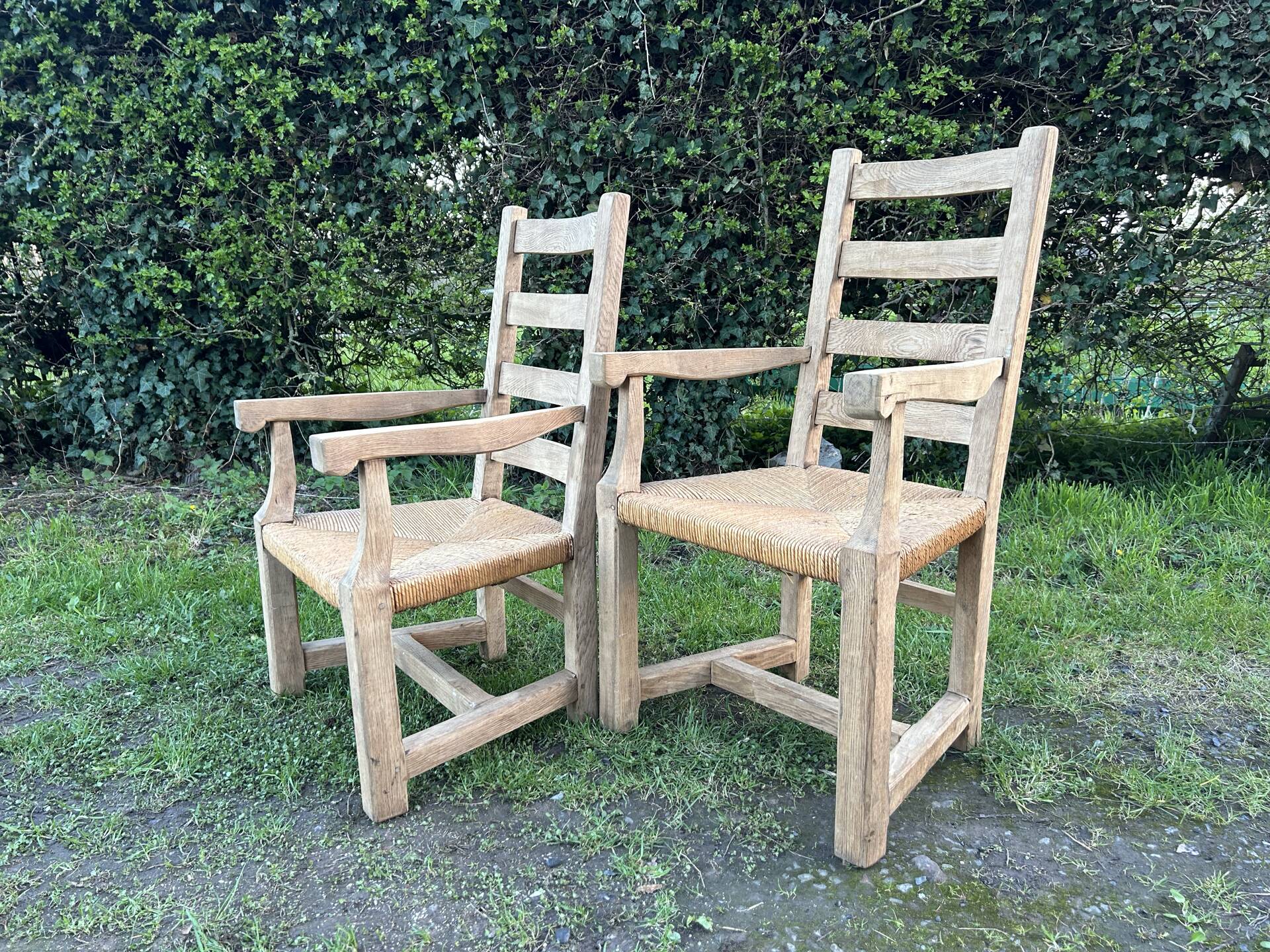 6 solid oak chairs - straw seats