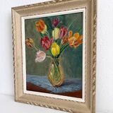 Tableau peinture ancienne huile sur panneau bouquet de fleurs tulipes