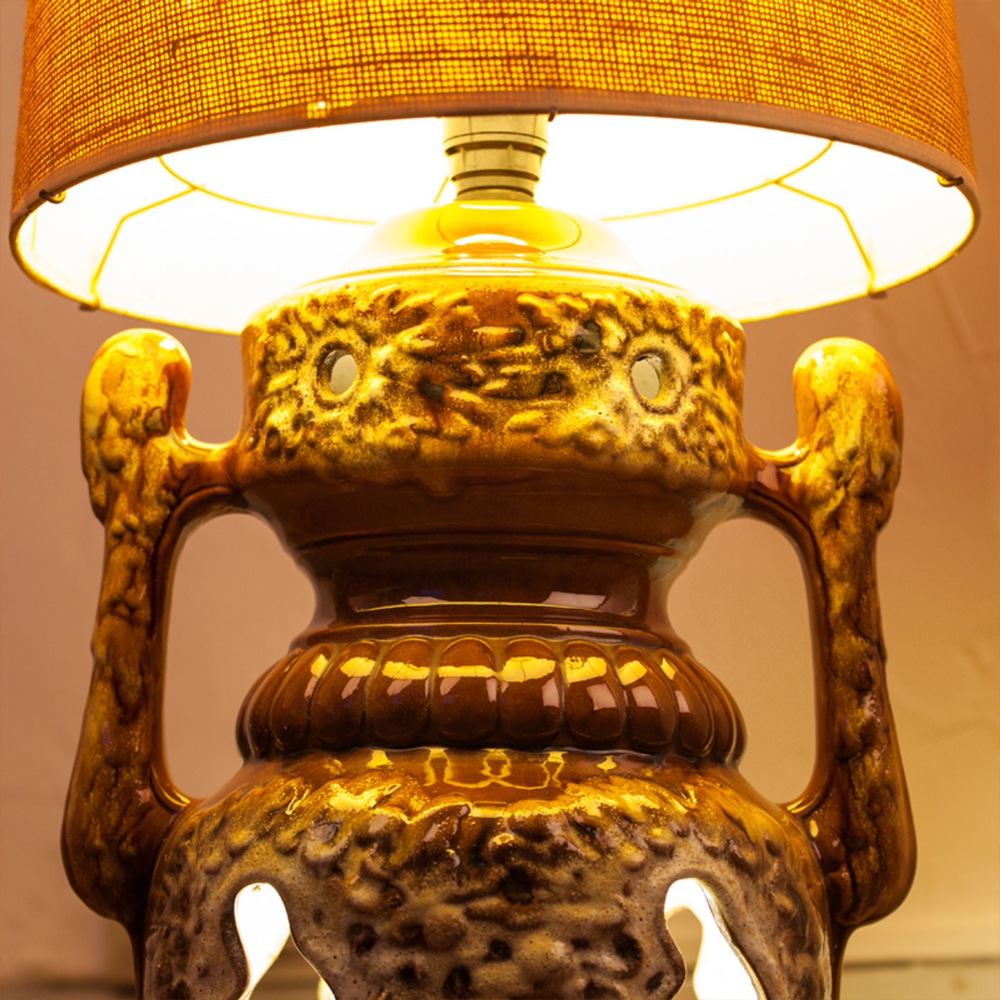 Of the 1970s vintage, foot in ceramic and fabric shade floor lamp