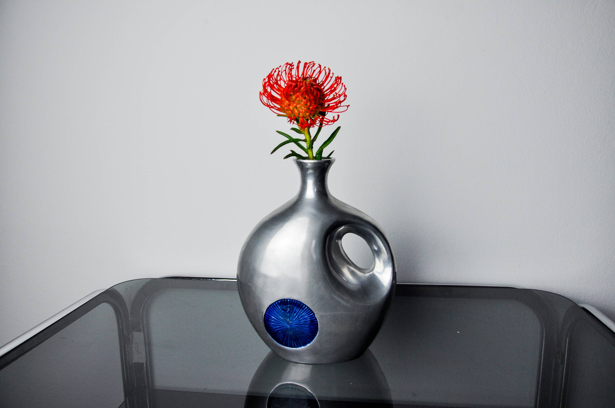 Biomorphic vase by Art3, aluminum and blue glazed ceramic, Spain, 1980