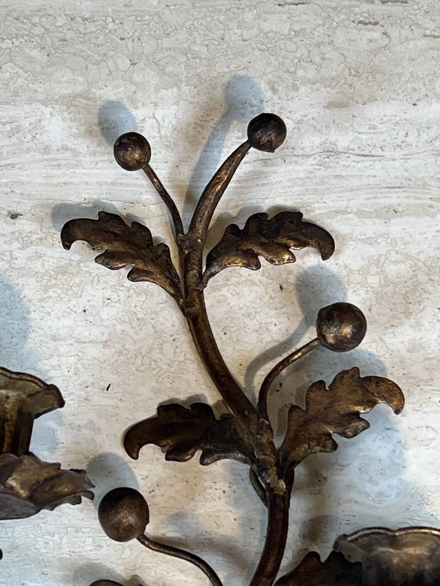 Pair of Two-Arm Wall Lights in Gold Metal with Leaf Decoration