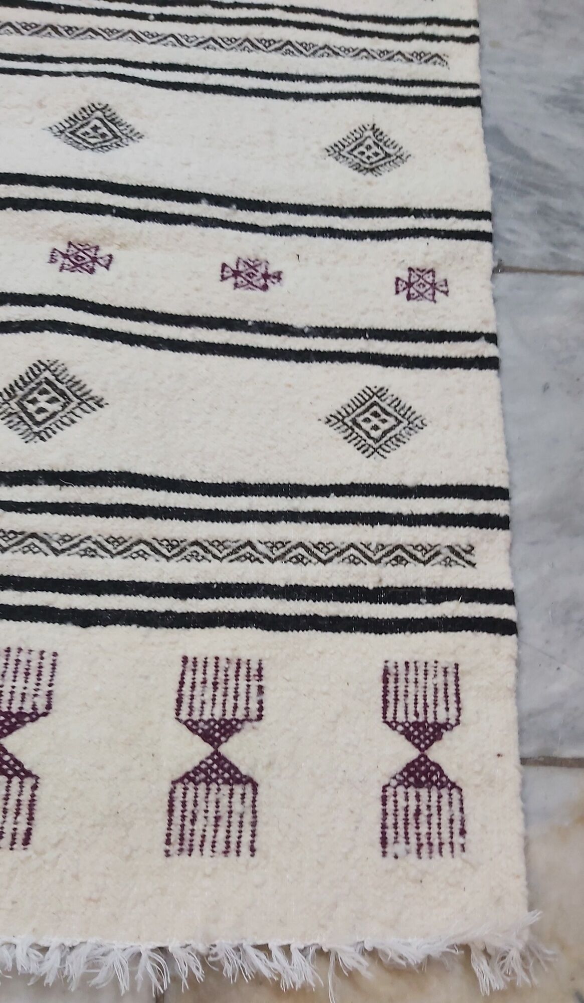 Black and purple white carpet woven by hand in pure wool