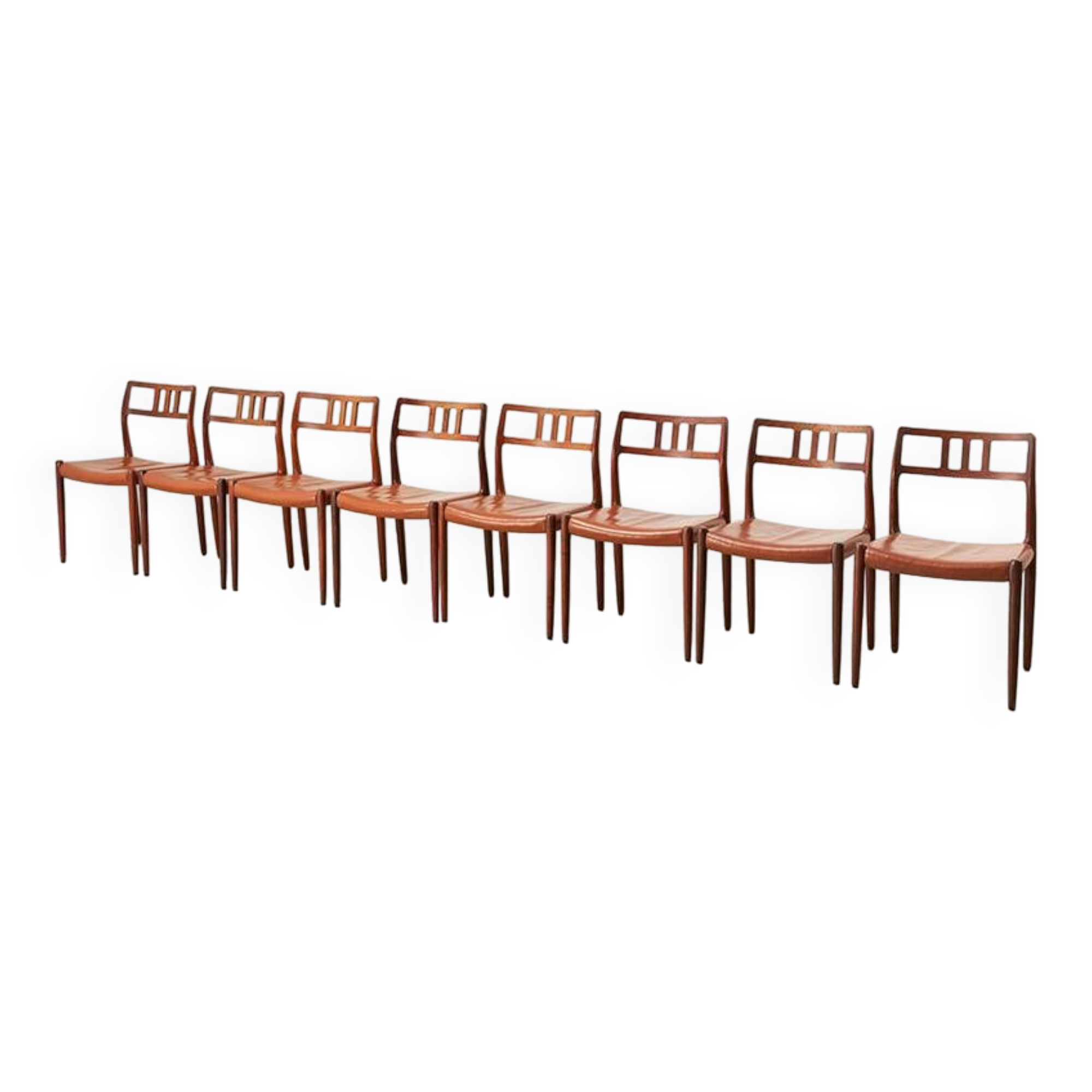 Niels Otto Moller Set of 8 Model 79 Dining Chairs in Rosewood and Leather for JL Mollers 1966