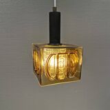 Older square hanging lamp with olive colored outer glass with inner shade of crystal glass