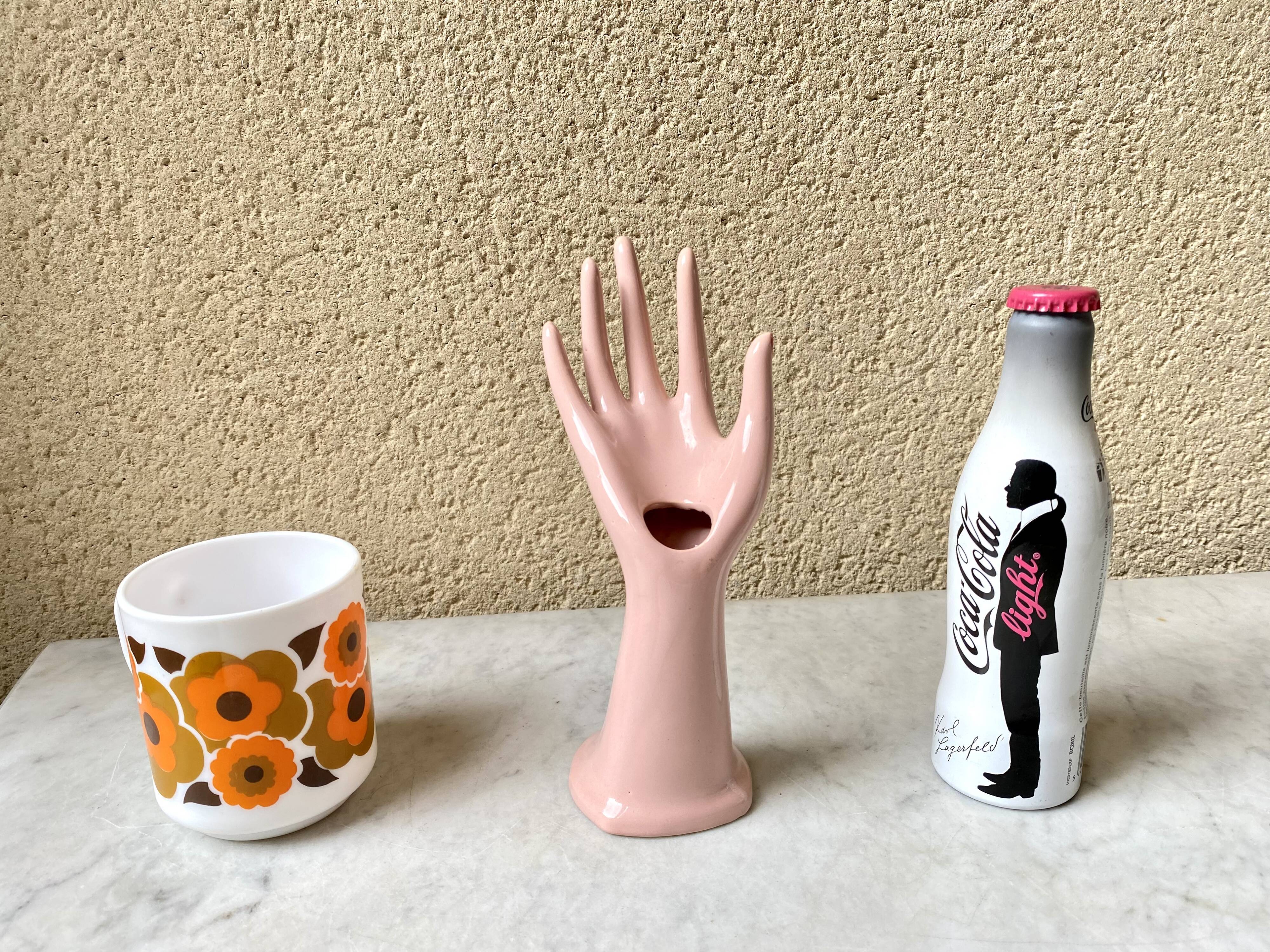 Vase baguier hand ceramic vintage pink 70s