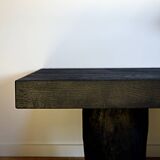 Log coffee table with burnt wood finish, shou-sugi-ban
