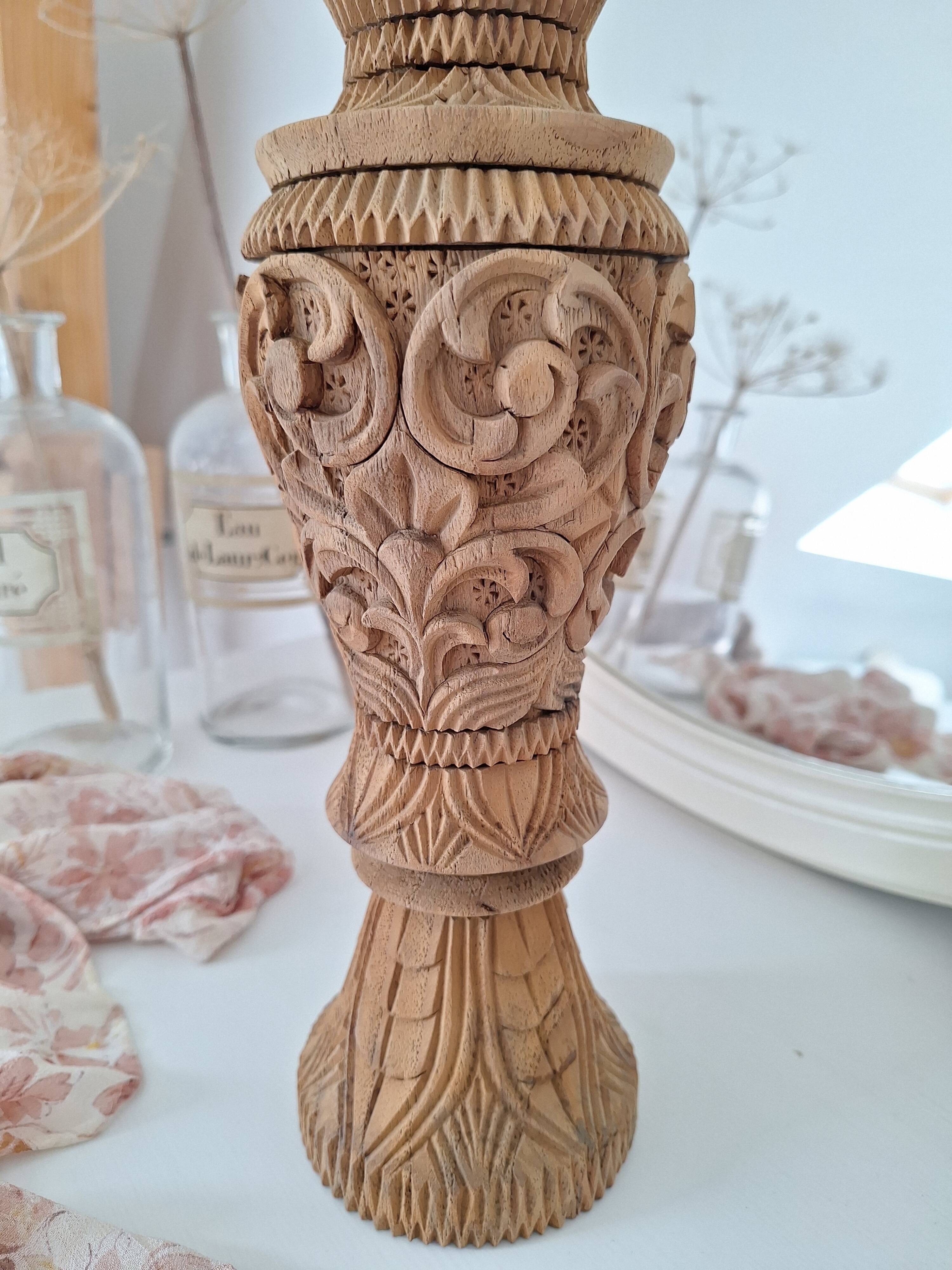 Carved solid wood vase