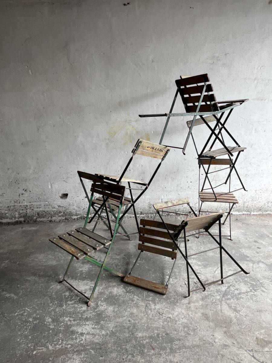 Vintage 1930 brewery terrace table with green metal and wooden folding chair
