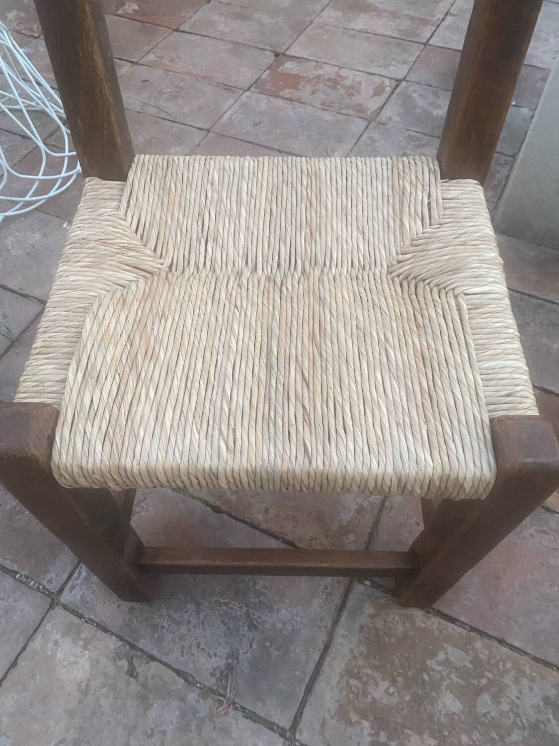 6 rustic wooden and straw chairs