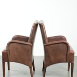 Set of 2 dining chairs / side chairs with armrests made of cowhide leather