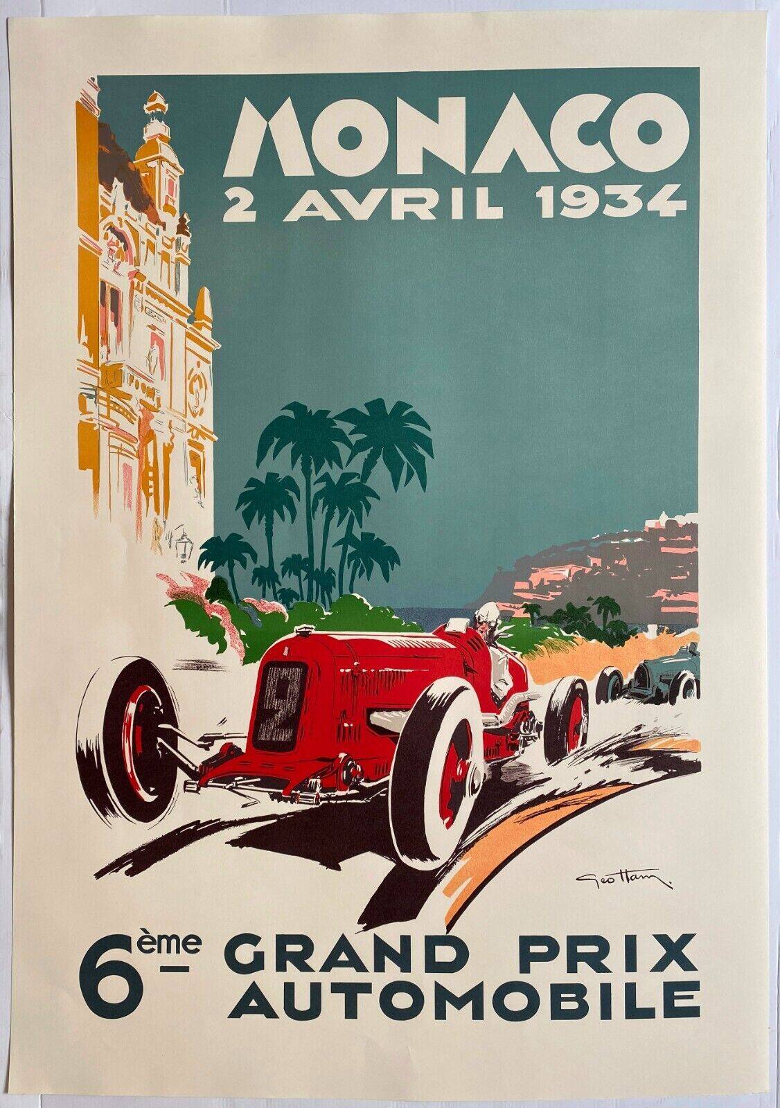 Lithograph poster "1934 Monaco Grand Prix" Geo Ham 70x100cm 80's